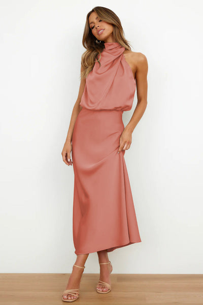 Valoria - Halter Neck Satin Maxi Dress