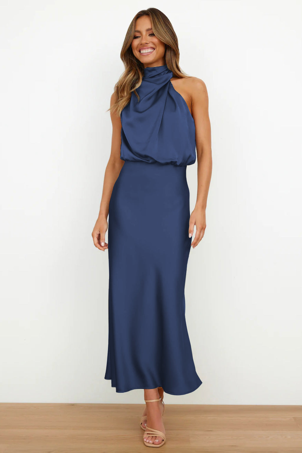 Valoria - Halter Neck Satin Maxi Dress