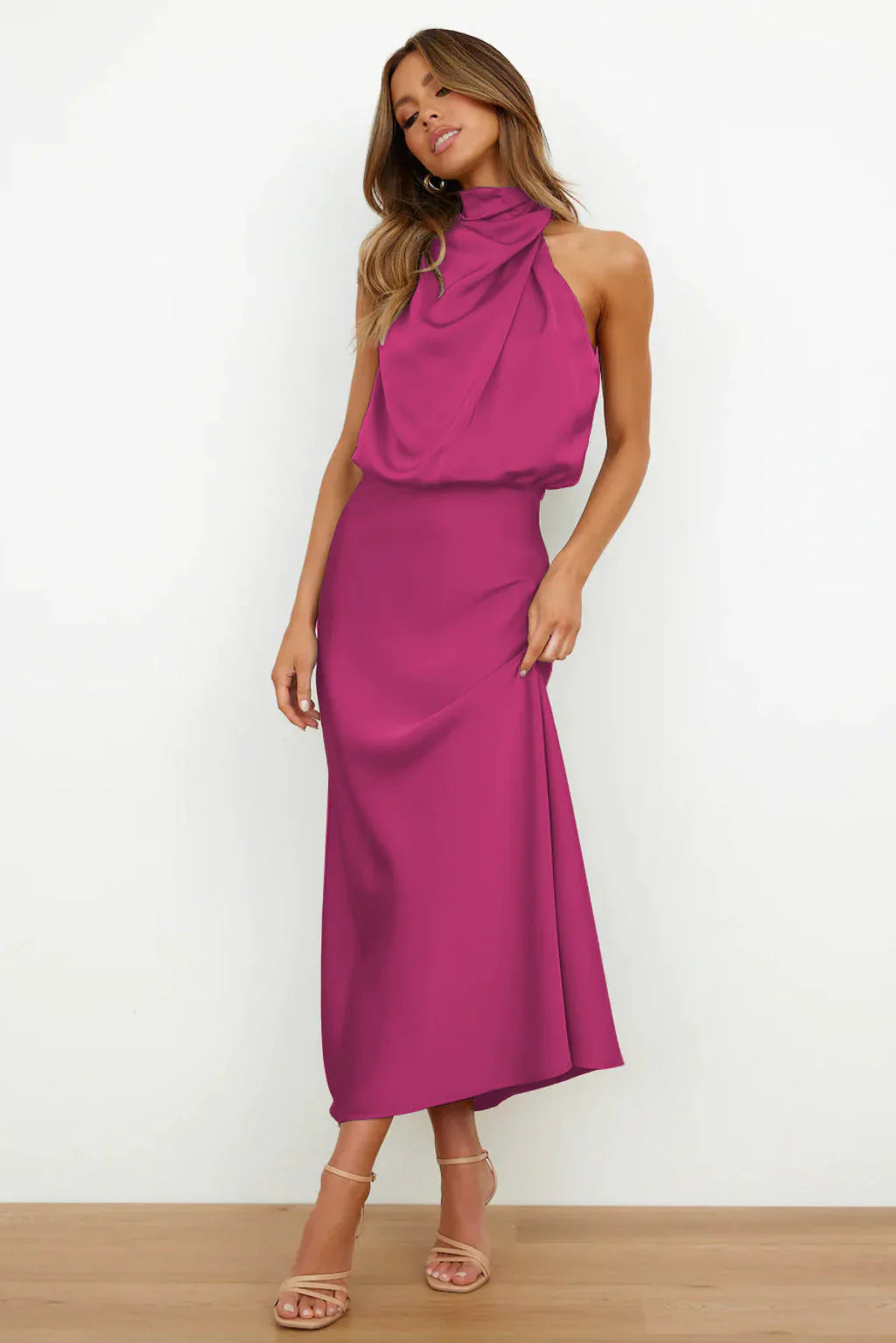 Valoria - Halter Neck Satin Maxi Dress