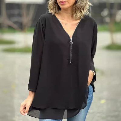 Mediva - Chiffon Zipper Top With V-neck