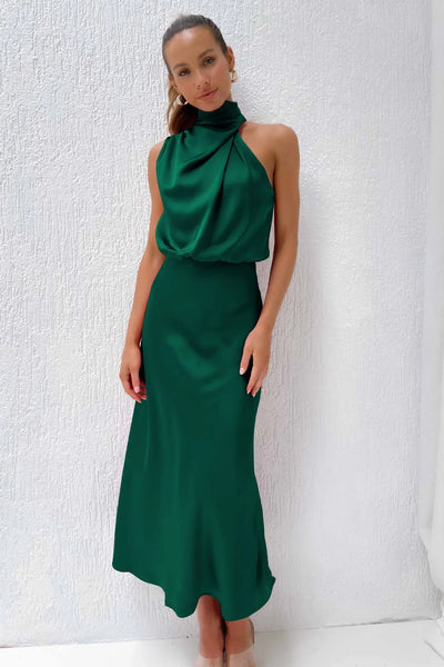 Valoria - Halter Neck Satin Maxi Dress