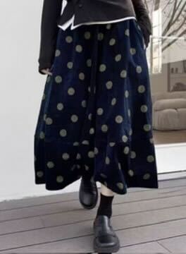 Boho dark Blue elastic waist dot print Linen Skirts Spring