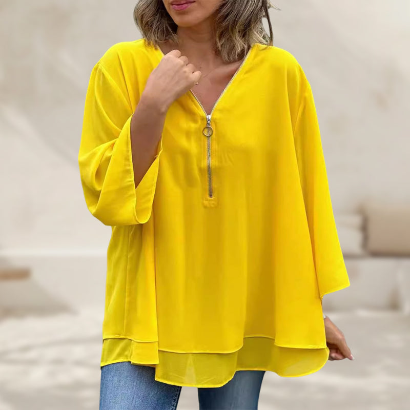 Mediva - Chiffon Zipper Top With V-neck