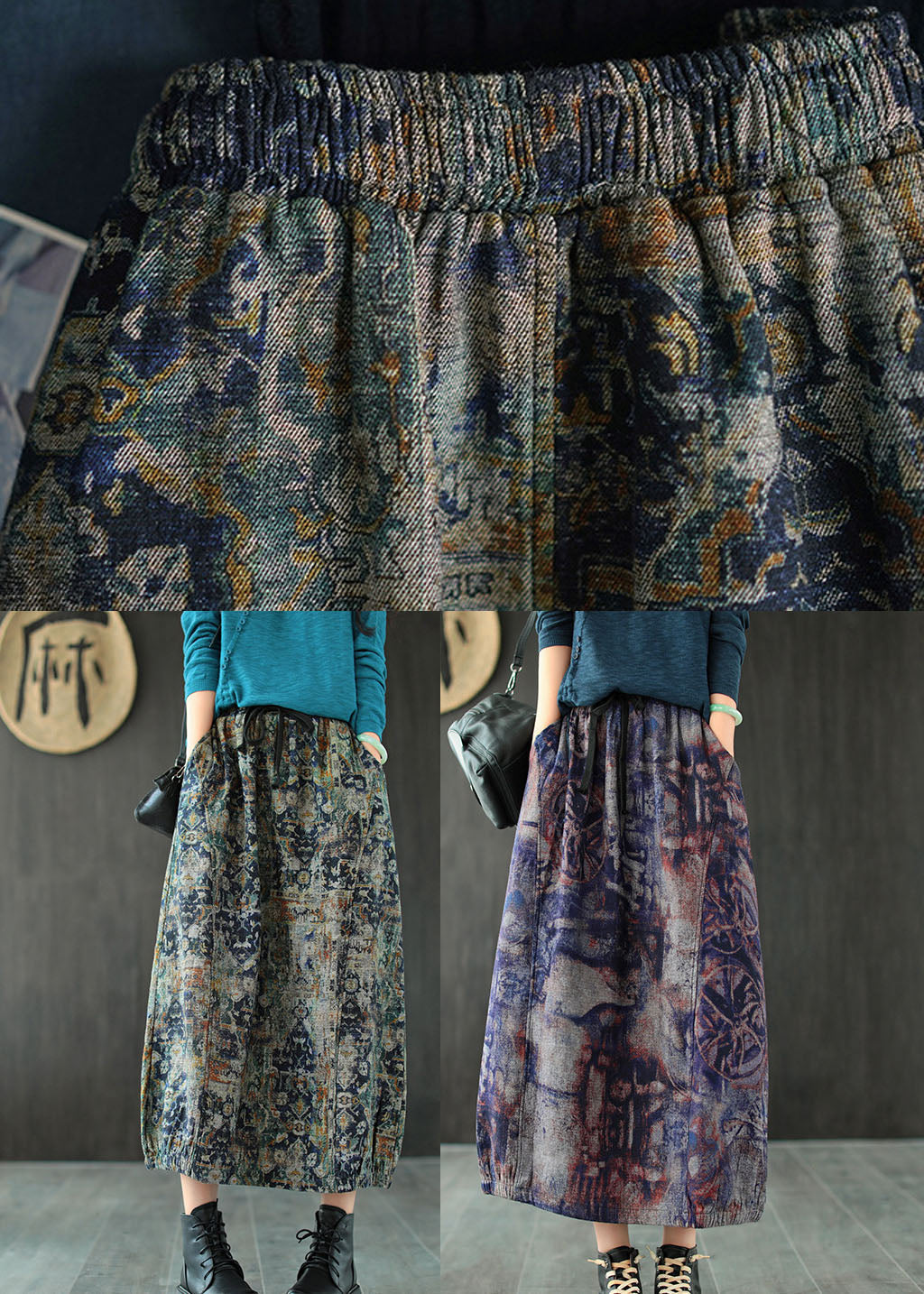 Art Purple High Waist Pockets Patchwork Print Skirt Summer