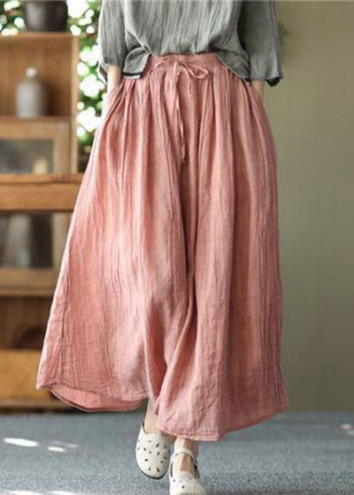 Casual Pink Pockets wrinkled Tie Waist Linen Skirt Summer