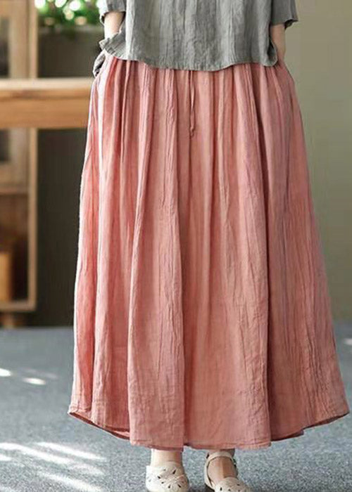 Casual Pink Pockets wrinkled Tie Waist Linen Skirt Summer