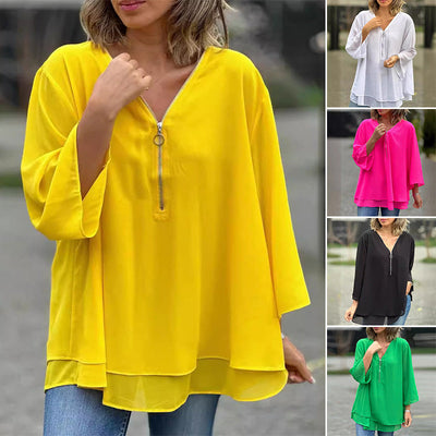 Mediva - Chiffon Zipper Top With V-neck