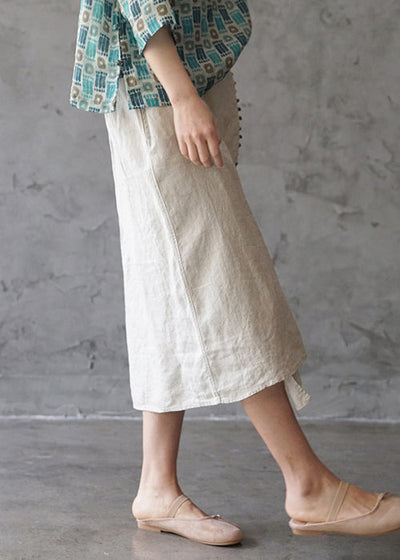 Fine Beige elastic waist asymmetrical design pocket Linen Skirts Spring