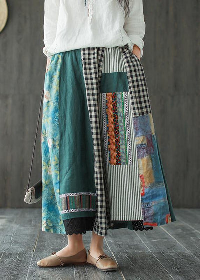 Contrast color stitching skirt female spring new retro literary loose elastic waist skirt