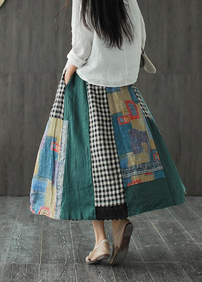 Contrast color stitching skirt female spring new retro literary loose elastic waist skirt