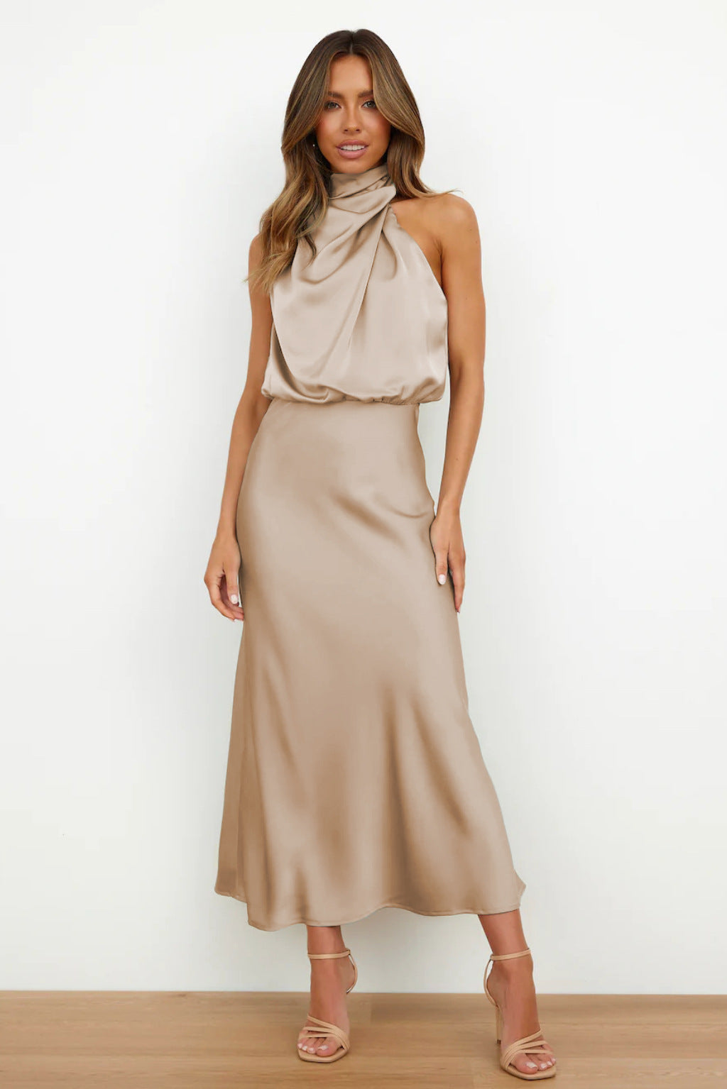 Valoria - Halter Neck Satin Maxi Dress