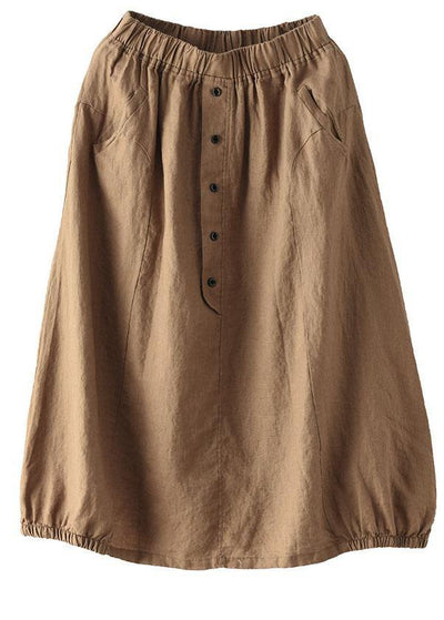 Women Khaki Elastic Waist Button Skirt