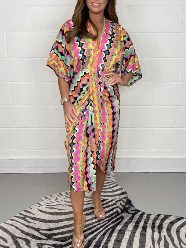 Geometry Multi Print V-neck Kimono Dress