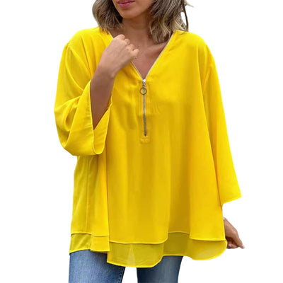 Mediva - Chiffon Zipper Top With V-neck